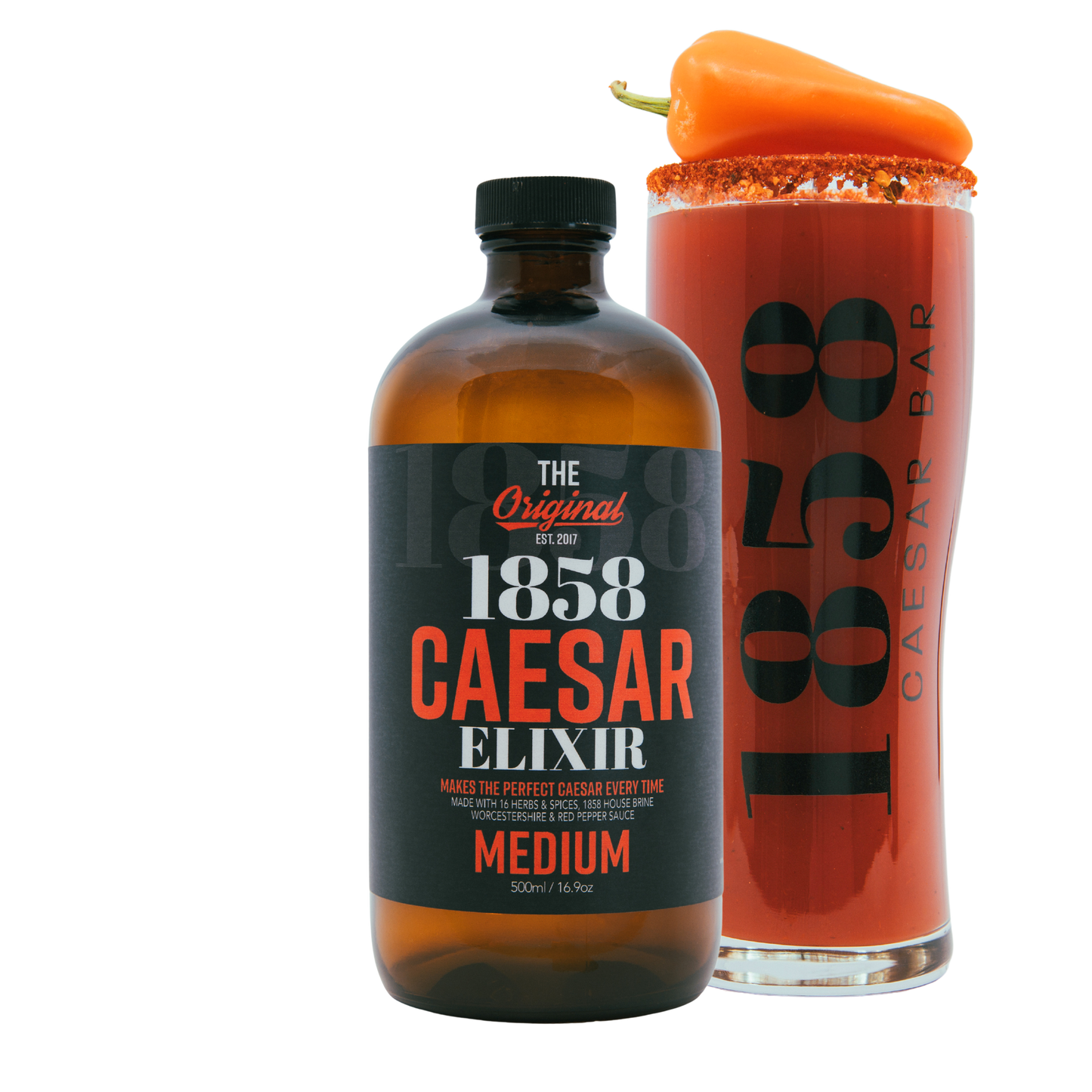 1858 medium caesar elixir with caesar garnished with medium hot pepper