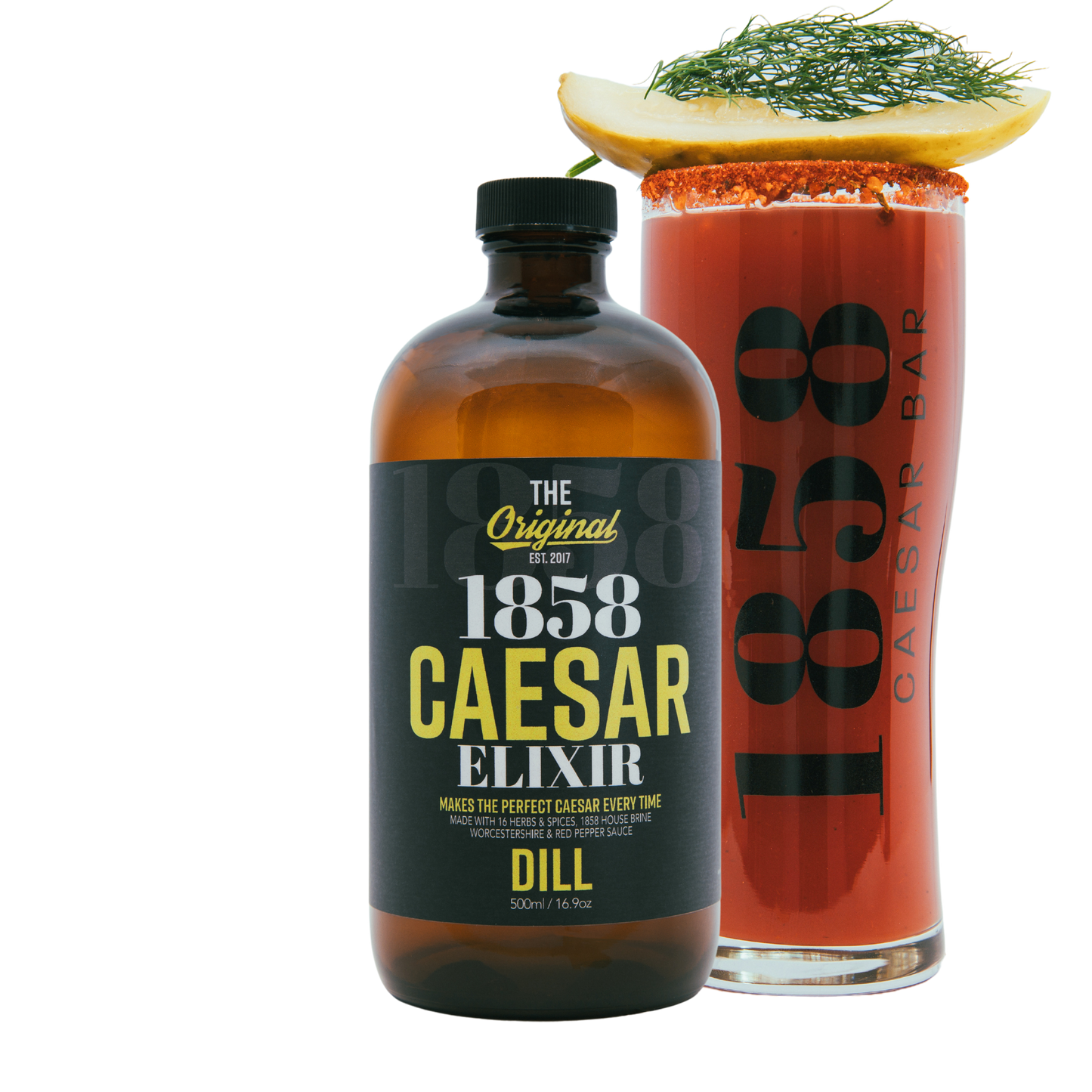 1858 dill caesar elixir with caesar garnished with dill pickle