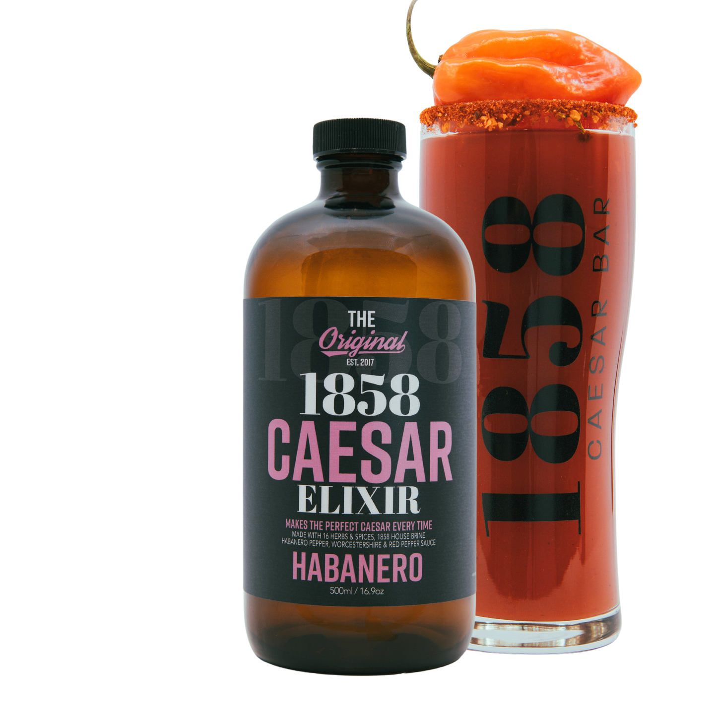 1858 habanero caesar elixir with habanero garnished caesar