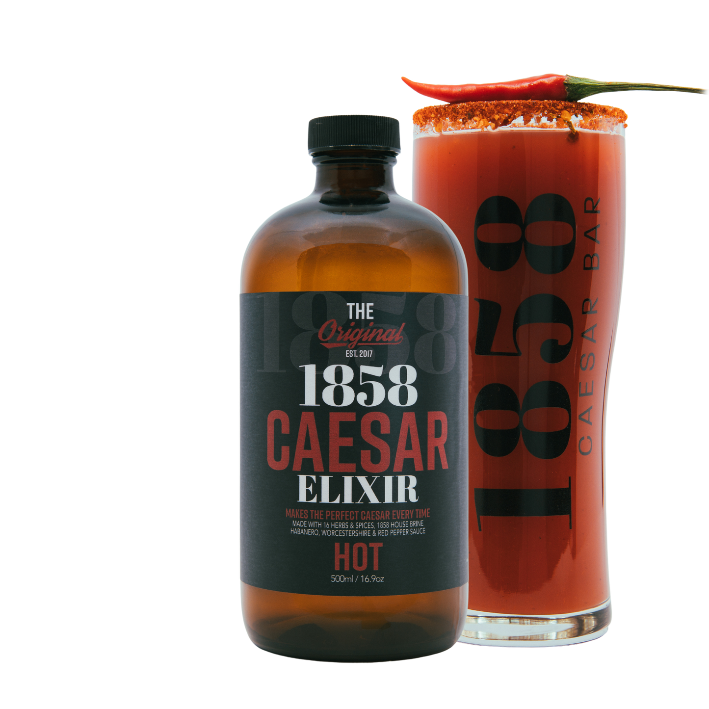 1858 hot caesar elixir with caesar garnished with spicy pepper