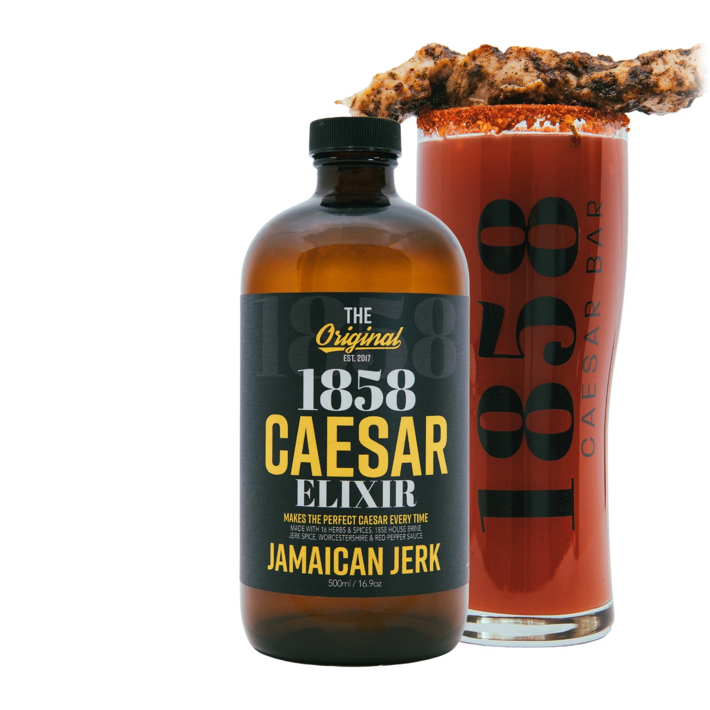 1858 Jamaican Jerk Caesar Elixir with jerk chicken garnished caesar