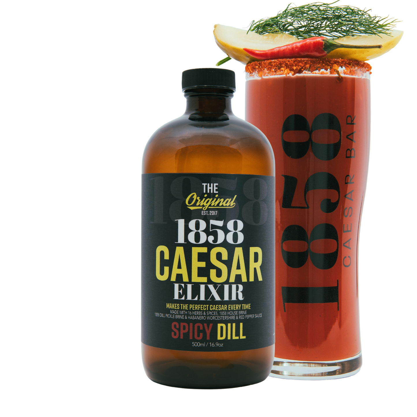 1858 spicy dill caesar elixir with dill pickle, dill and hot pepper garnished caesar