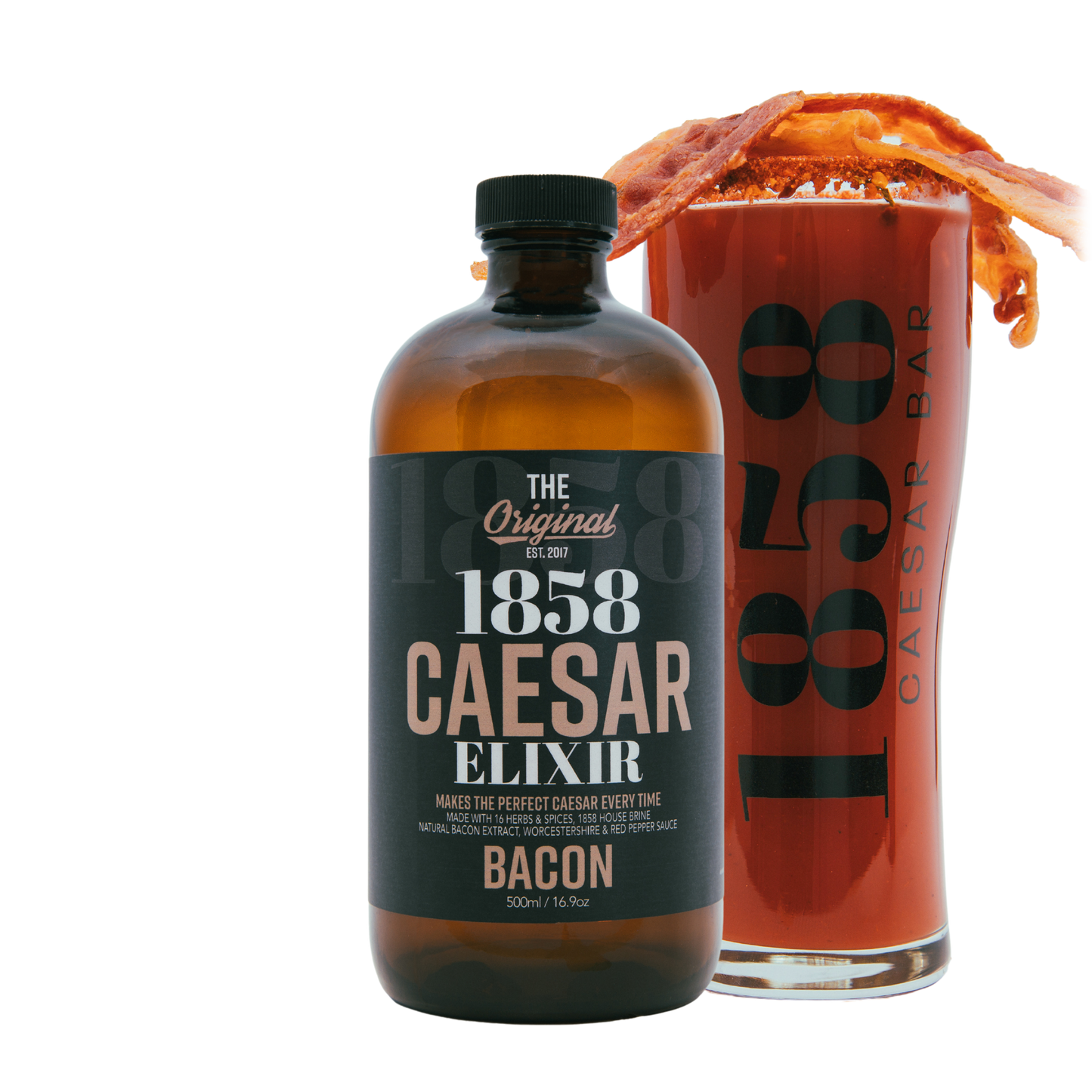 
                  
                    1858 bacon flavoured caesar elixir with Bacon Garnished caesar
                  
                