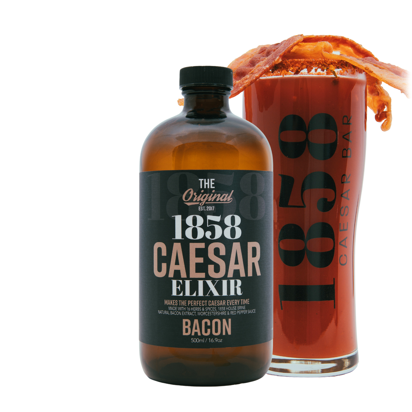 1858 bacon flavoured caesar elixir with Bacon Garnished caesar