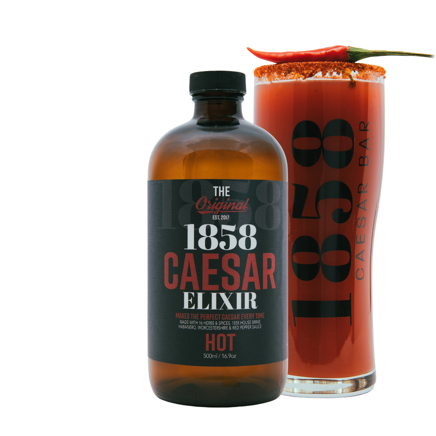 
                  
                    1858 hot caesar elixir with caesar garnished with spicy pepper
                  
                