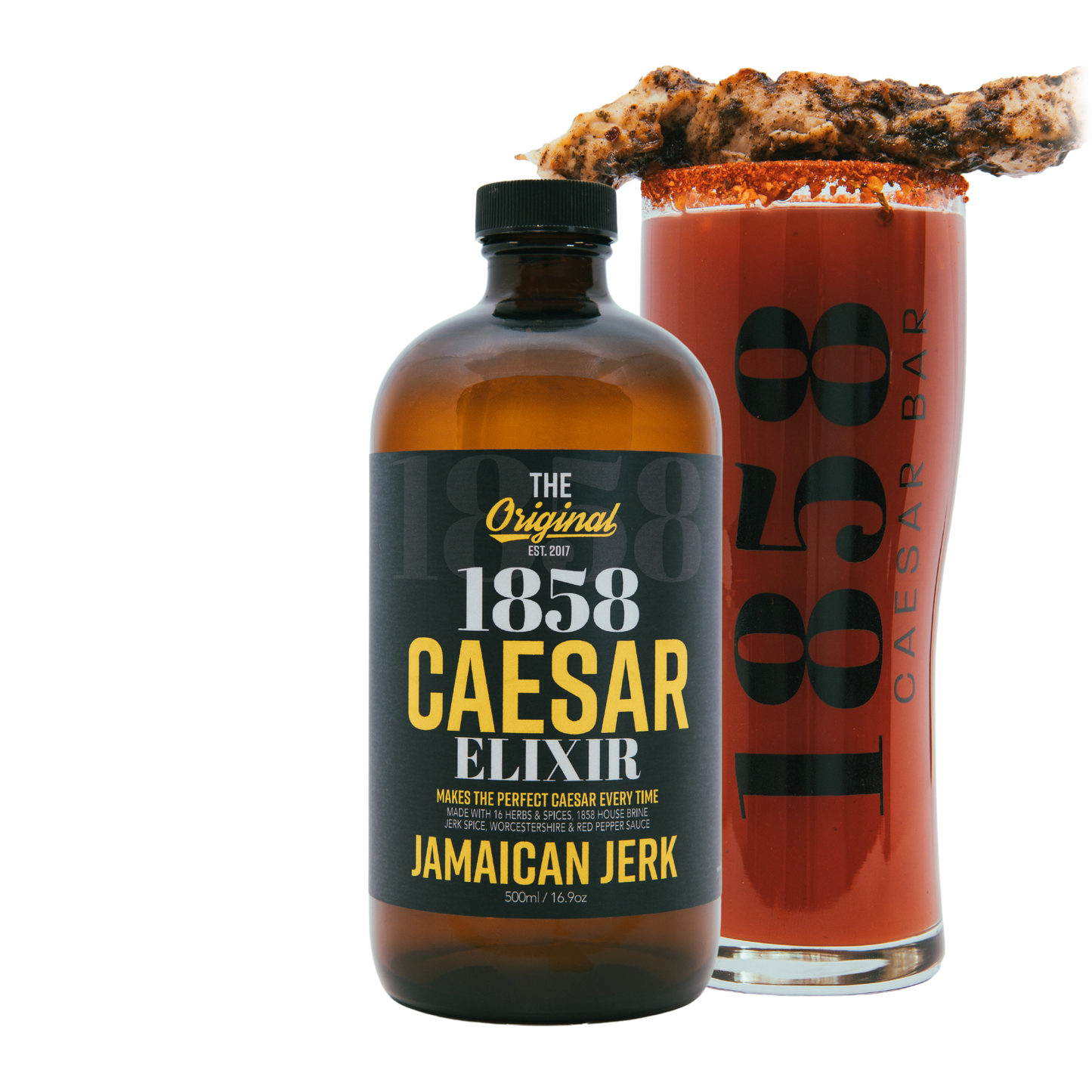 
                  
                    1858 Jamaican Jerk Caesar Elixir with jerk chicken garnished caesar
                  
                