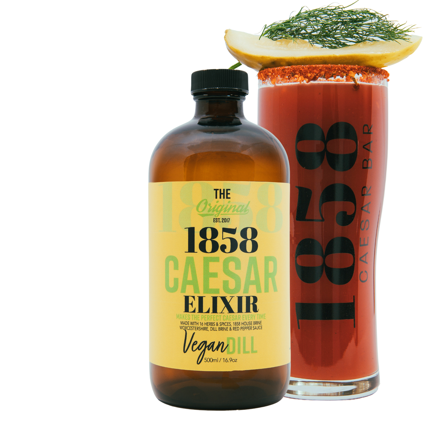 
                  
                    1858 vegan dill caesar elixir with caesar garnished with dill pickle
                  
                